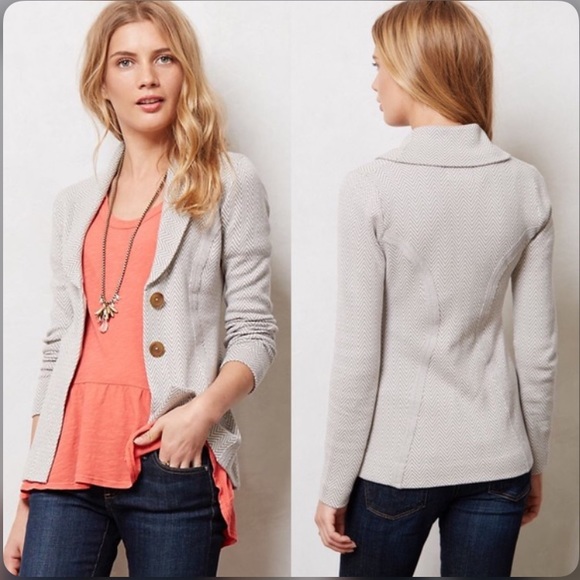 Anthropologie Jackets & Blazers - Anthropologie Rosie Neira Herringbone Jacquard Sweater Blazer Jacket Gray Knit